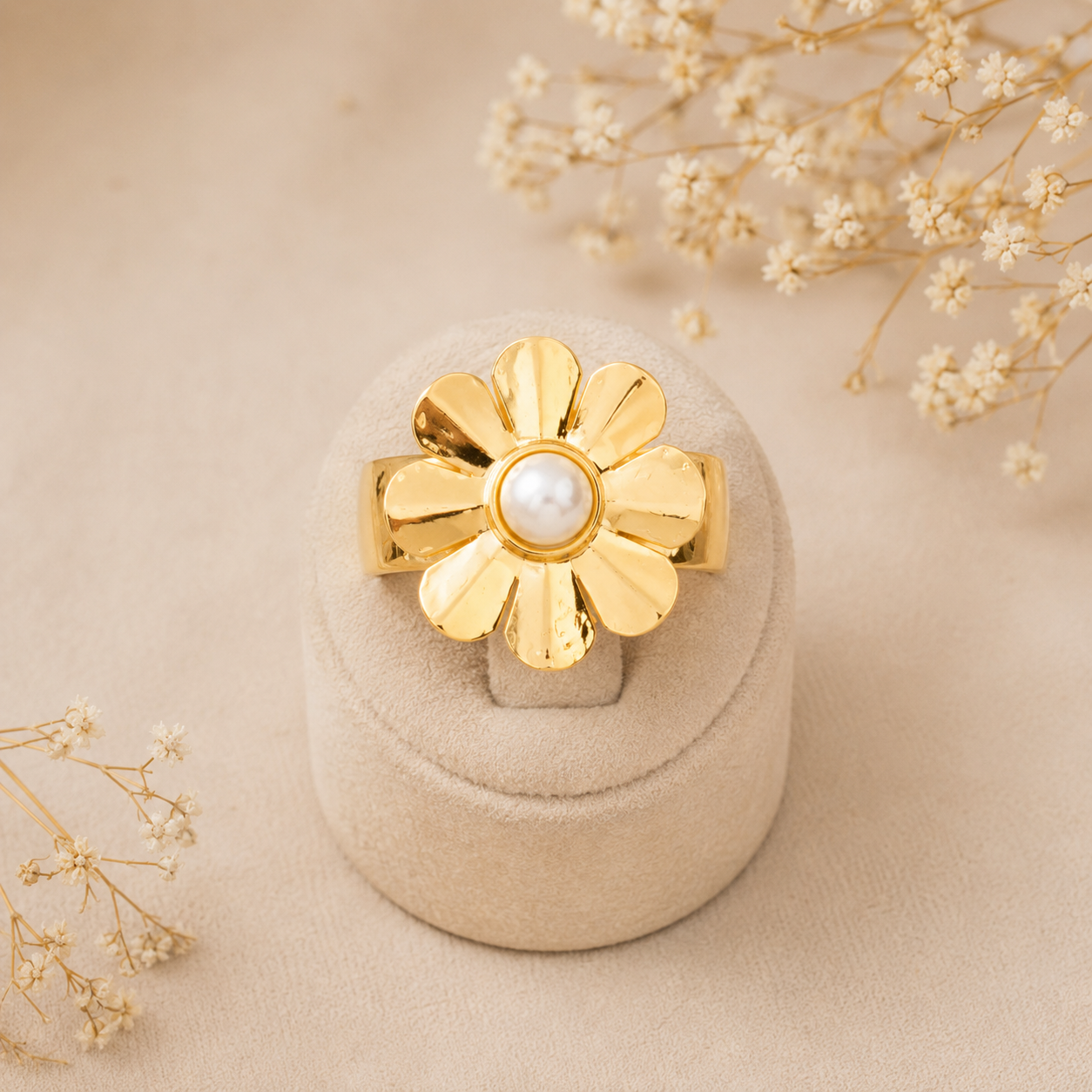 Golden Daisy Pearl Ring