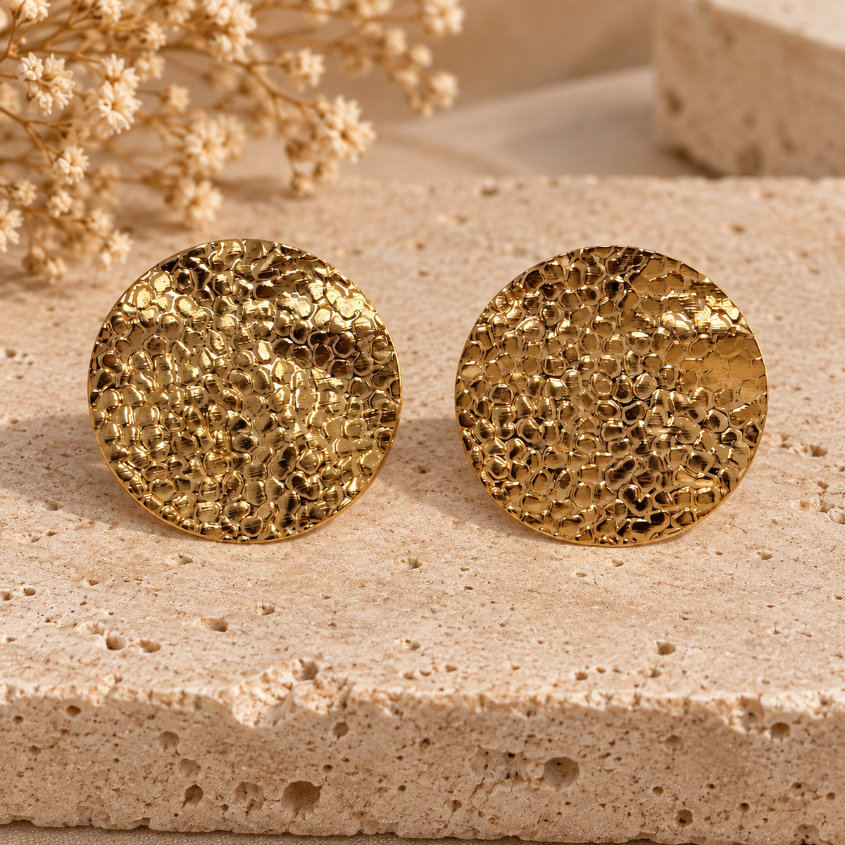 Golden Pebbled Disc Studs