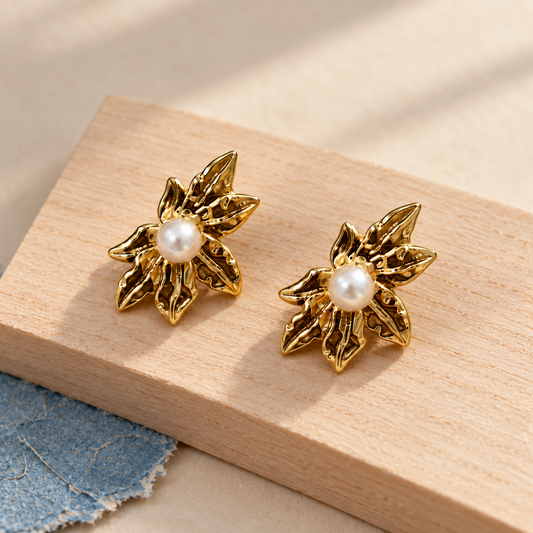 Golden Pearl Leaf Stud Earrings