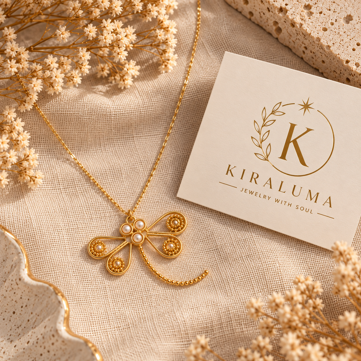 Golden Dragonfly Pearl Necklace