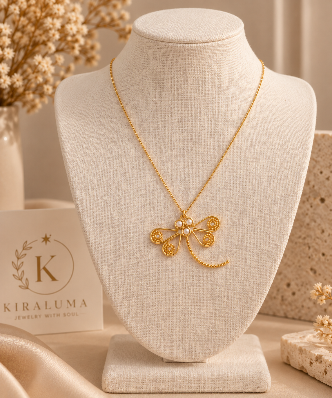Golden Dragonfly Pearl Necklace