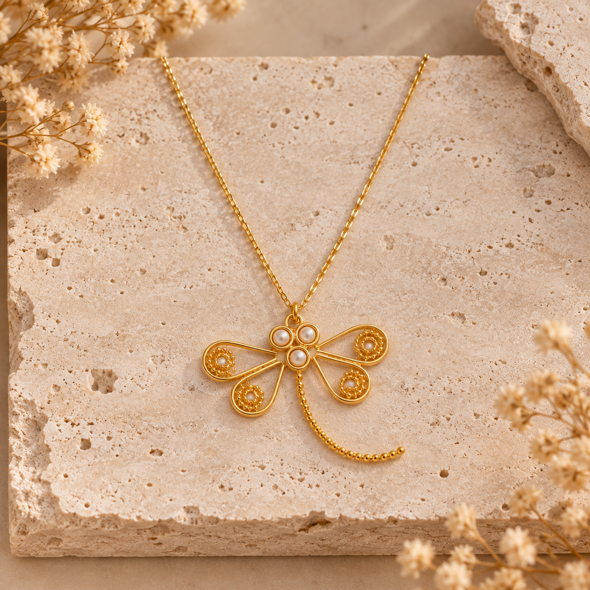 Golden Dragonfly Pearl Necklace