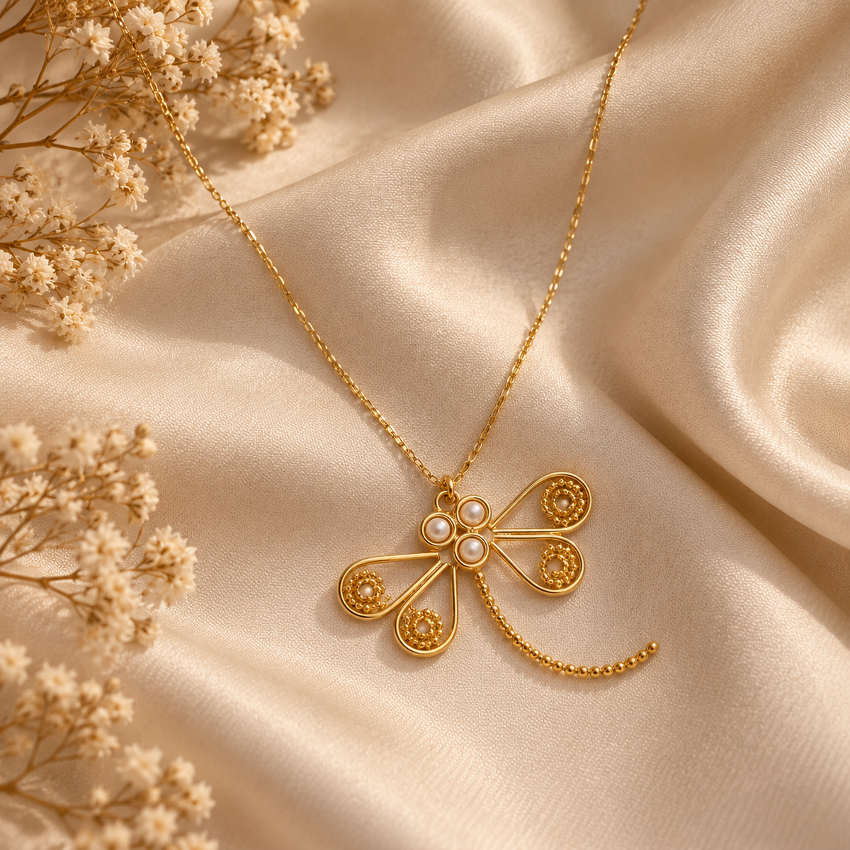 Golden Dragonfly Pearl Necklace